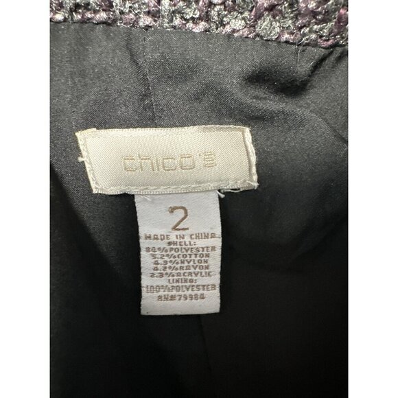 Chicos Women’s Textured Purple Knit Button Front Painted Silver Jacket Size 2 L - Picture 8 of 10